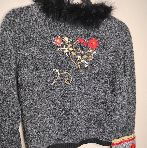 Vintage Ruby Cho Feather Trim Floral Embroidered Cardigan Sweater Holiday Artsy - Picture 9 of 11